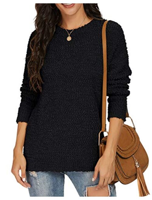GRECERELLE Women's Fuzzy Knitted Sweater Crew-Neck Long Sleeve Side Split Loose Casual Knit Pullover Sweater Blouse
