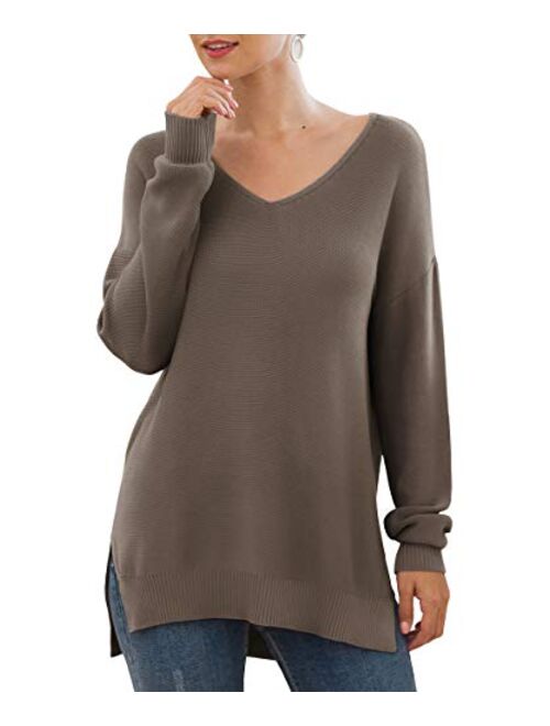 GRECERELLE Women's V-Neck Long Sleeve Side Split Loose Casual Knit Pullover Sweater Blouse