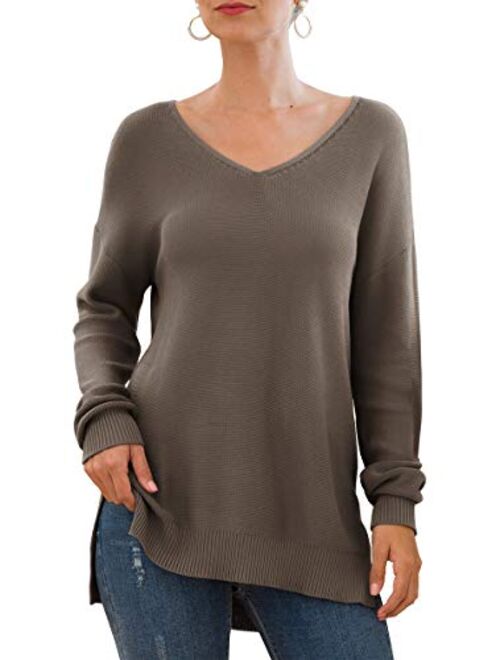 GRECERELLE Women's V-Neck Long Sleeve Side Split Loose Casual Knit Pullover Sweater Blouse