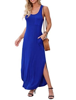 Women's Casual Fit Long Dress Sleeveless Racerback Split Fashion Summer Maxi Dresses with Pocket