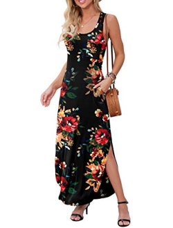 Women's Casual Fit Long Dress Sleeveless Racerback Split Fashion Summer Maxi Dresses with Pocket