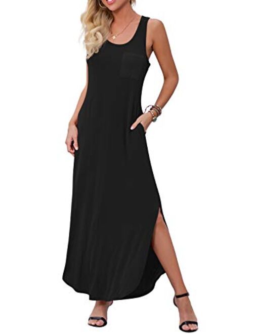 GRECERELLE Women's Casual Fit Long Dress Sleeveless Racerback Split Fashion Summer Maxi Dresses with Pocket