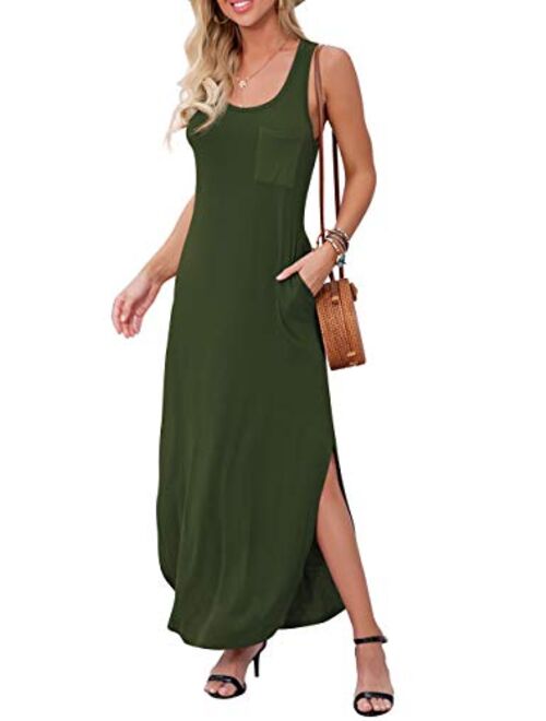 GRECERELLE Women's Casual Fit Long Dress Sleeveless Racerback Split Fashion Summer Maxi Dresses with Pocket