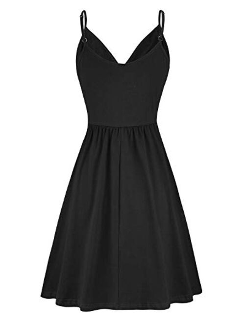 VOTEPRETTY Women's V-Neck Spaghetti Strap Dress Summer Casual Swing Sundress with Pockets