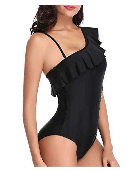 Tempt Me Women One Piece Swimsuits One Shoulder Ruffle Tummy Control Bathing Suits