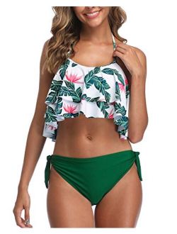Aqua Eve Women Halter Flounce Bikini Ruffle Swimsuits Two Piece Bathing Suits