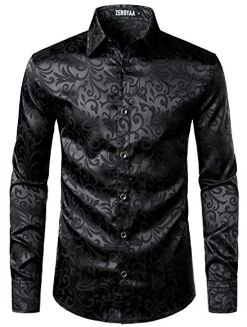 ZEROYAA Men's Luxury Jacquard Long Sleeve Dress Shirt Shiny Satin Slik Like Wedding Party Prom Shirts