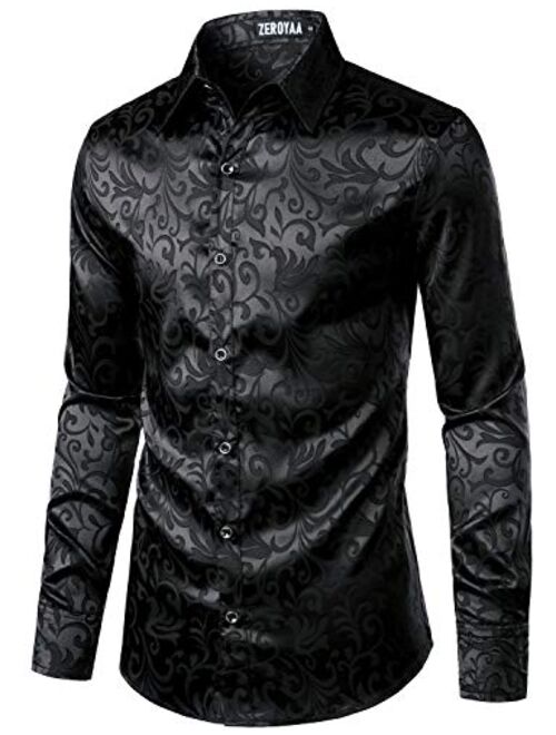 Buy ZEROYAA Men's Luxury Jacquard Long Sleeve Dress Shirt Shiny Satin ...