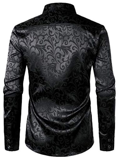 ZEROYAA Men's Luxury Jacquard Long Sleeve Dress Shirt Shiny Satin Slik Like Wedding Party Prom Shirts