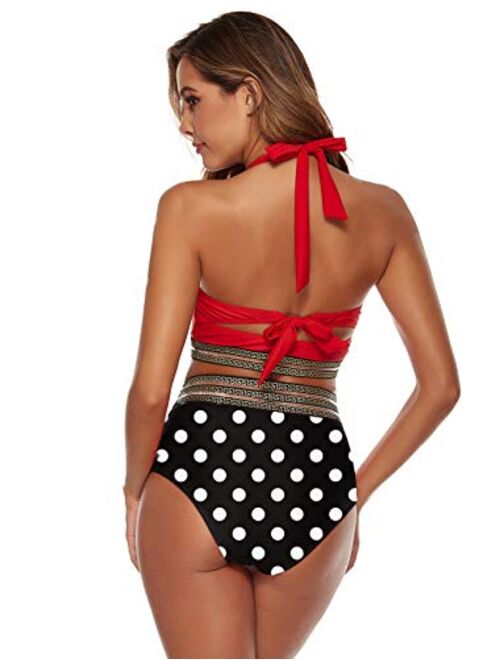 WODECASA Women's Halter Push Up Padded Bikini Vintage Polka Dot High Waisted Swimsuit