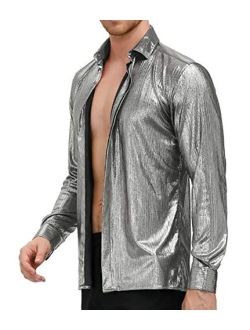 Mens Metallic Shirts Long Sleeve Button Down 70s Disco Shirt Party Shirt