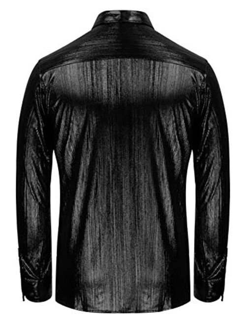PJ PAUL JONES Mens Metallic Shirts Long Sleeve Button Down 70s Disco Shirt Party Shirt