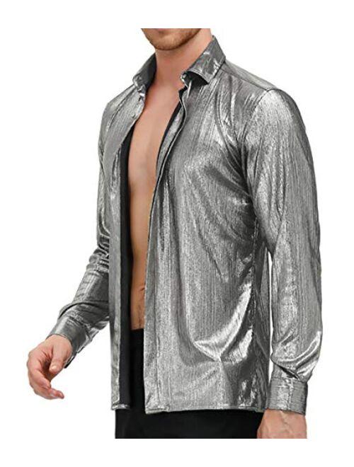 PJ PAUL JONES Mens Metallic Shirts Long Sleeve Button Down 70s Disco Shirt Party Shirt