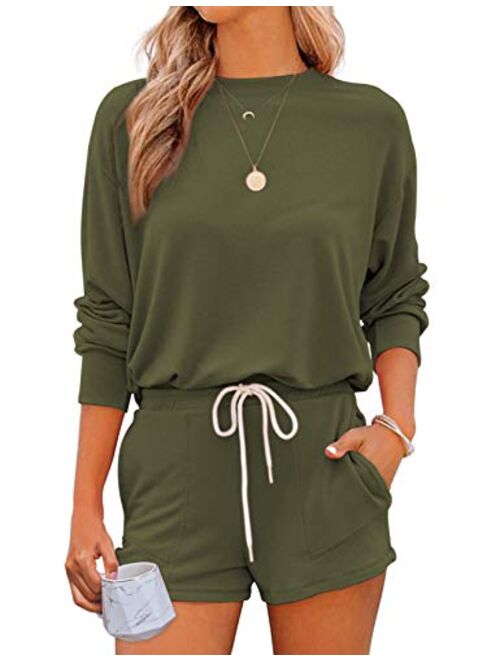 Saslax Women's Loungewear Set 2 Piece Long Sleeves Pullover Top and Shorts Pajama Sets Nightwear Sleepwear Pj Set