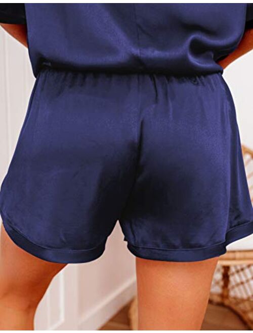 Saslax Womens Satin Pajamas Set 2 Pieces Short Sleeves Tops and Shorts Pjs Sets Sleepwear Loungewear Nightwear