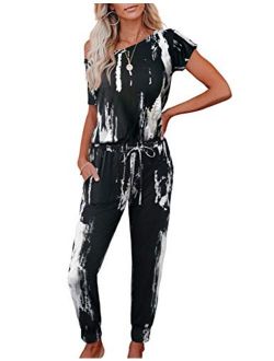Womens Tie Dye Jumpsuits Casual Scoop Neck Elastic Drawstring Waist Beam Foot Stretchy Long Pants Romper with Pockets