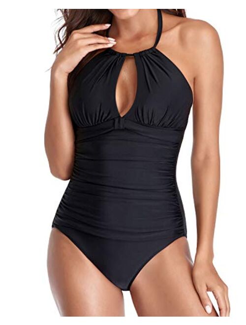Tempt Me Halter One Piece Swimsuit for Women Ruched Tummy Control Bathing Suit Deep V Neck Swimwear