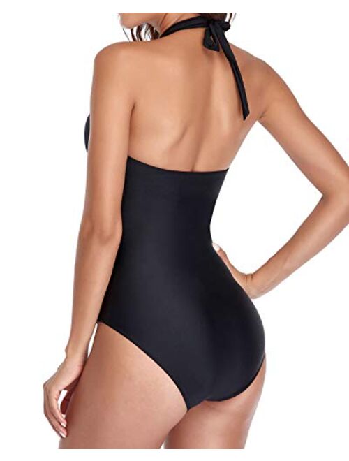 Tempt Me Halter One Piece Swimsuit for Women Ruched Tummy Control Bathing Suit Deep V Neck Swimwear