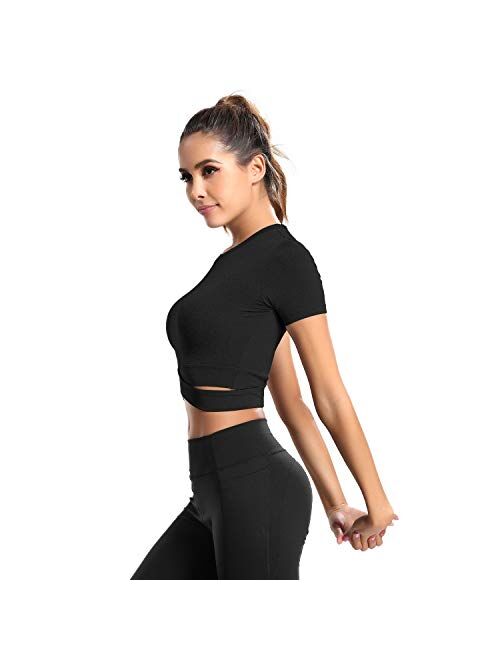DREAM SLIM Women Crop Tops Tummy Cross Short Sleeve Yoga Running Shirts Gym Workout Tank Tops