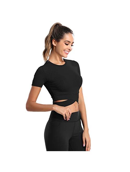 DREAM SLIM Women Crop Tops Short Sleeve Cross Wrap Yoga Gym Shirts Slim Fit Basic Workout Tank Tops 