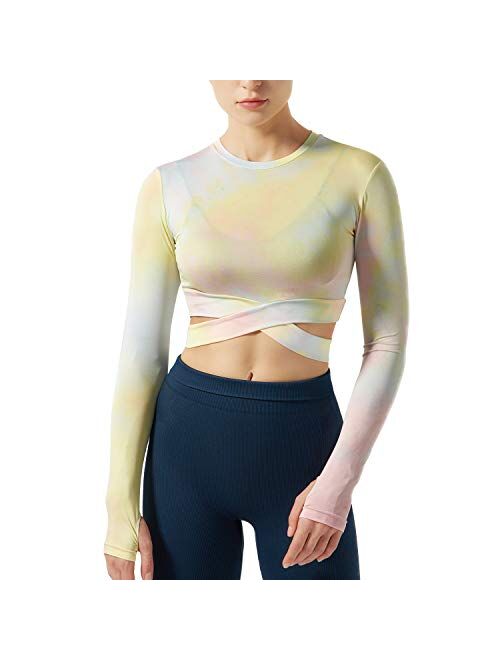DREAM SLIM Women Crop Tops Tummy Cross Short Sleeve Yoga Running Shirts Gym Workout Tank Tops