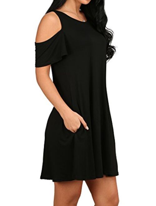 OFEEFAN Women's Cold Shoulder Tunic Top T-Shirt Swing Dress with Pockets