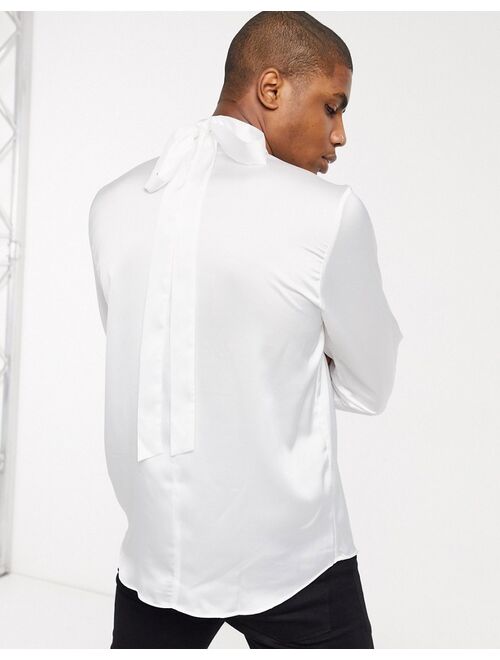 ASOS DESIGN regular fit tie front satin shirt in ivory