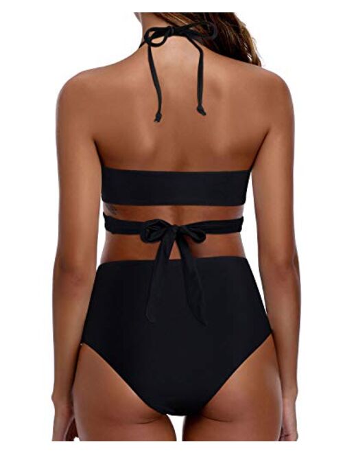 Aqua Eve Women Halter Bikini High Waisted Swimsuits Cross Wrap Two Piece Strappy Bathing Suits