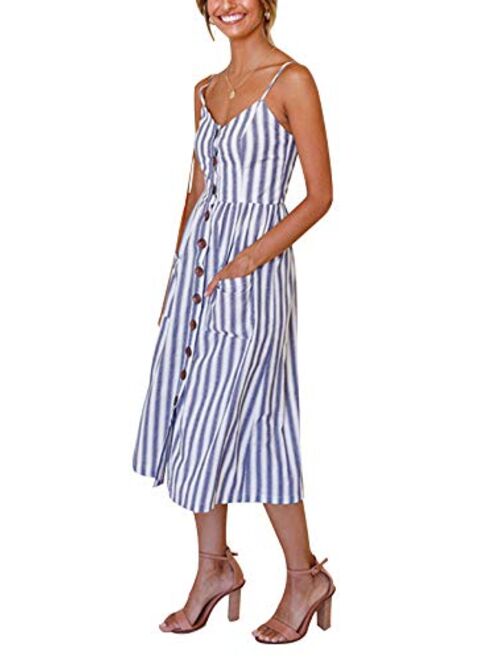 SWQZVT Women's Dress Summer Spaghetti Strap Sundress Casual Floral Midi Backless Button Up Swing Dresses with Pockets S-3XL