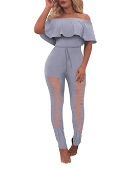Off Shoulder Sleeve Hollow Out Sexy Women Bodycon Long Jumpsuit Rompers