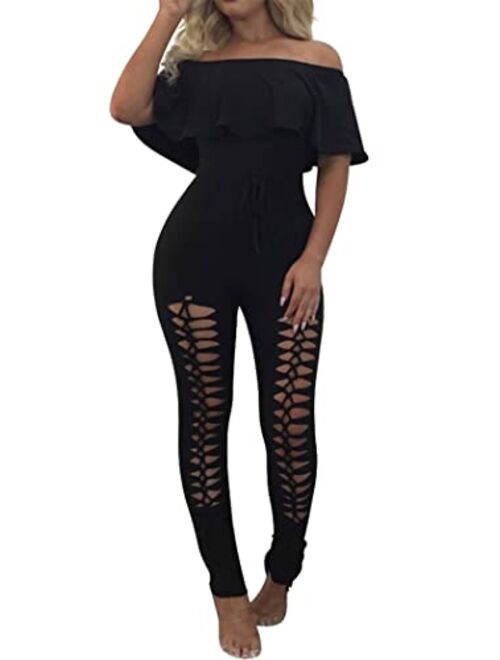 PRETTYGARDEN Off Shoulder Sleeve Hollow Out Sexy Women Bodycon Long Jumpsuit Rompers