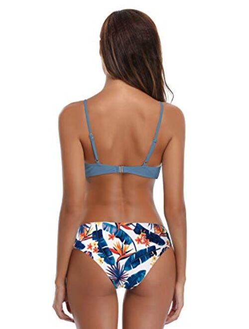 SHEKINI Women's Floral Print Swim Bottom Cutout Spaghetti Strap Halter Top Two Piece Strappy Bikini Swimsuit