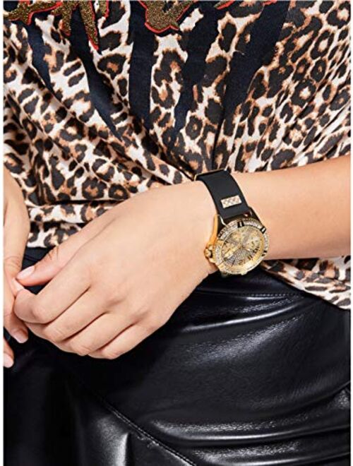 GUESS Gold-Tone Stainless Steel Crystal Encrusted Dial with Black Stain Resistant Silicone Watch (Model: U1160L1)