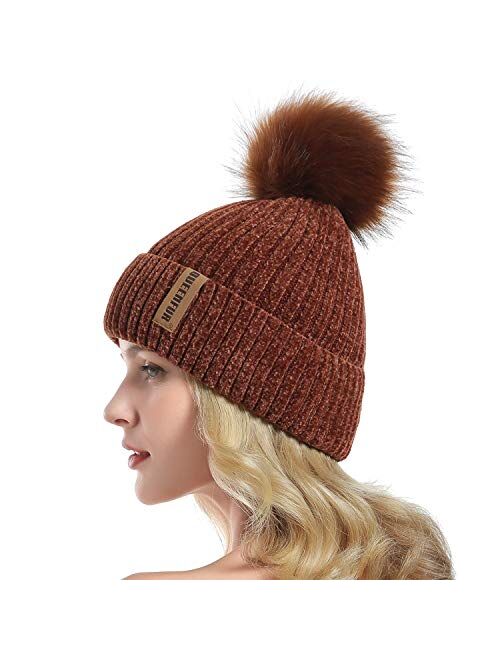 QUEENFUR Winter Beanie Hats Knit Thick Fleece Lined Chunky Chenille Snow Cap for Women with Faux Fur Pompom