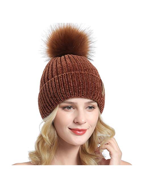 QUEENFUR Winter Beanie Hats Knit Thick Fleece Lined Chunky Chenille Snow Cap for Women with Faux Fur Pompom