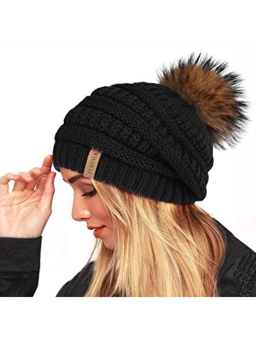 FURTALK Winter Real Fur Pom Beanie Hat Warm Oversized Chunky Cable Knit Slouch Beanie Hats for Women