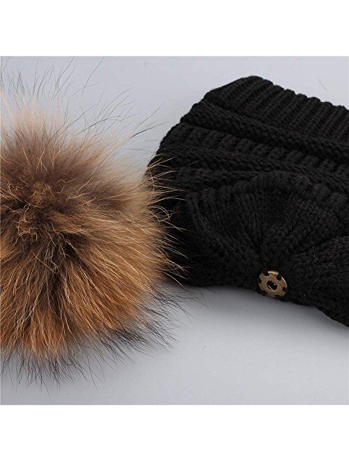 FURTALK Winter Real Fur Pom Beanie Hat Warm Oversized Chunky Cable Knit Slouch Beanie Hats for Women