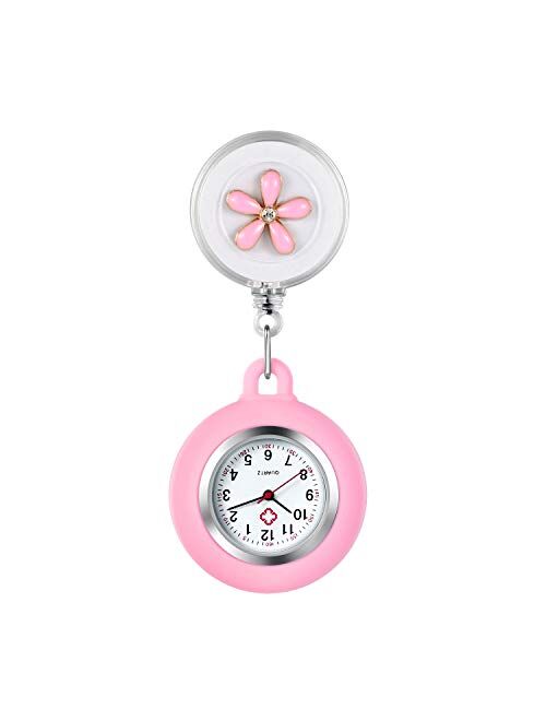 AVANER Retractable Nurse Watches Clip-on Hanging Fob Watches Cute Flower Pattern Lapel Watches for Nurses Doctors with Silicone Cover