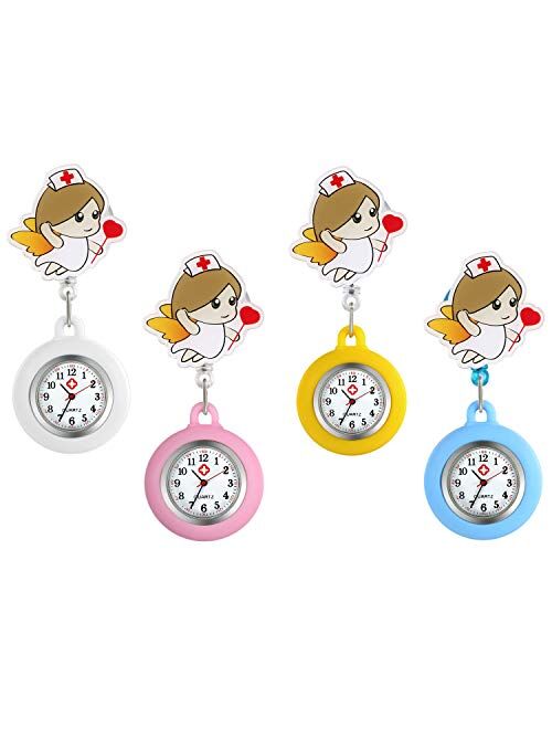 AVANER Retractable Nurse Watches Clip-on Hanging Fob Watches Cute Cartoon Pattern Lapel Watches for Nurses Doctors with Silicone Cover