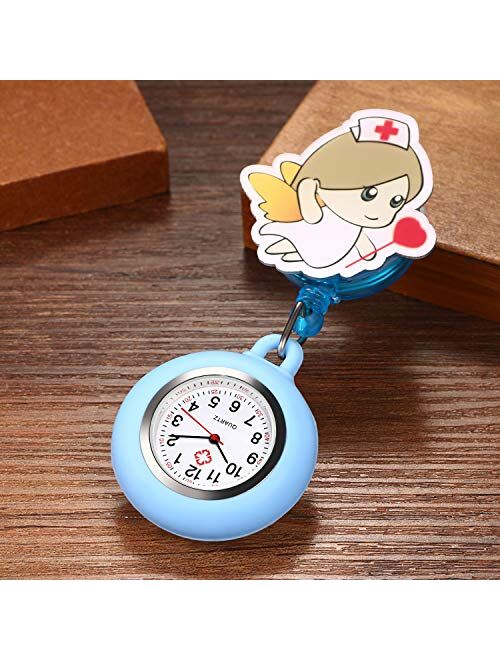 AVANER Retractable Nurse Watches Clip-on Hanging Fob Watches Cute Cartoon Pattern Lapel Watches for Nurses Doctors with Silicone Cover