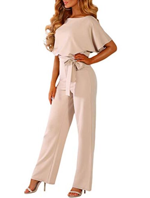 Asyoly Jumpsuits for Women Casual Loose Batwing Sleeve Crewneck Rompers Long Pants Belted Wide Legs Overall S-XL
