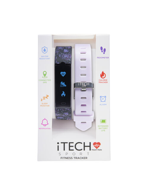 iTech Sport Activity Tracker Smartwatch with Interchangeable Strap, Color: Black Floral/Lavender