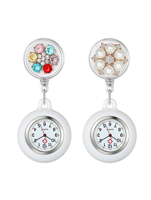 Women's Lapel Watch for Nurses Doctors Paramedic Clip-on Hanging Nurse Watches Fashion Pearls White Silicone Cover Badge Stethoscope Retractable Fob Watch