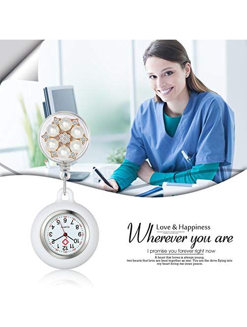 Women's Lapel Watch for Nurses Doctors Paramedic Clip-on Hanging Nurse Watches Fashion Pearls White Silicone Cover Badge Stethoscope Retractable Fob Watch