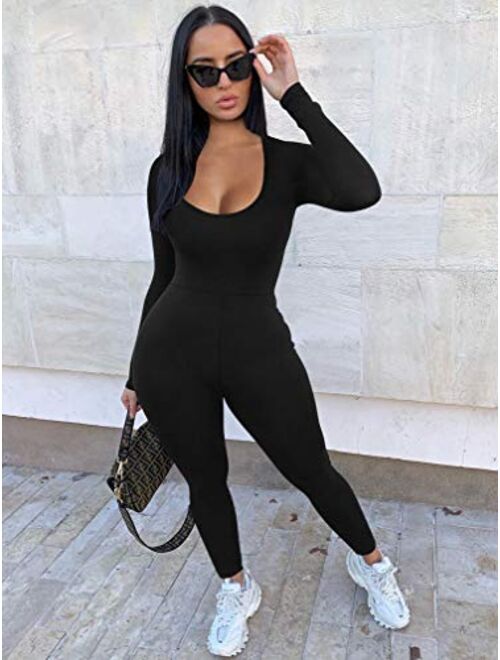 LAGSHIAN Women's Sexy Bodycon Long Sleeve Scoop Neck One Piece Jumpsuit Romper