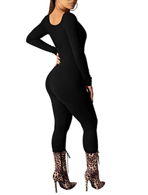 LAGSHIAN Women's Sexy Bodycon Long Sleeve Scoop Neck One Piece Jumpsuit Romper