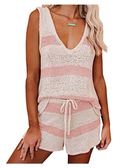 Womens Summer 2 Piece Outfits Sexy Sheer Romper Stripe Jumpsuit Casual Strappy Tie Waisted Beach Shorts Uniform Sets