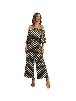 Women's Summer Floral Off Shoulder Ruffled Short Sleeve High Waist Wide Leg Pants Casual Loose Jumpsuit Romper