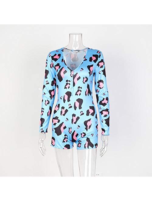 Mylleure Women's Sexy Long Sleeve Short Jumpsuit Button Down V Neck One Piece Bodysuit Club Tank Romper Overall Pajama