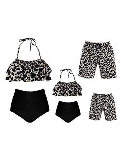 Matching Family Bathing Suits Two Pieces Bikini Set Mommy Daddy and Me Swimwear Summer Beach Leopard Swimsuits